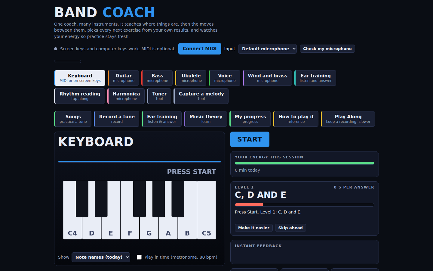 Band Coach's keyboard trainer: an on-screen keyboard below the current level, a Start button, an energy meter for the session, and a level-progress bar in the side panel