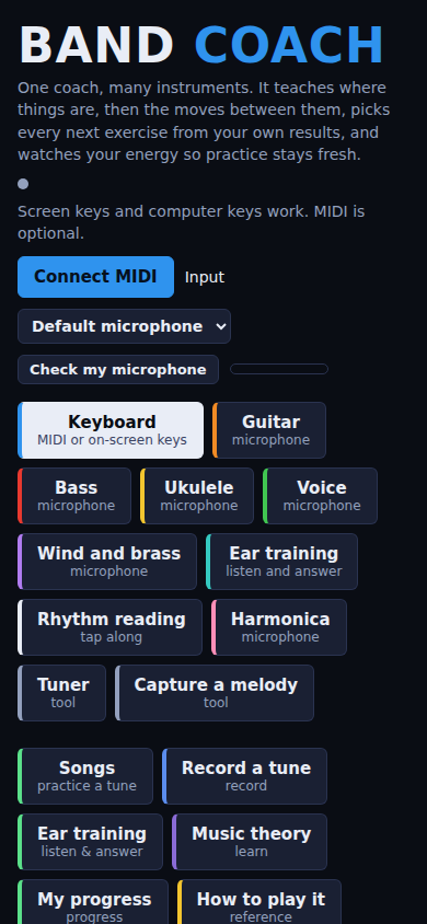 The same keyboard trainer at phone width, 390 pixels wide, with the instrument picker wrapped into a single column of buttons