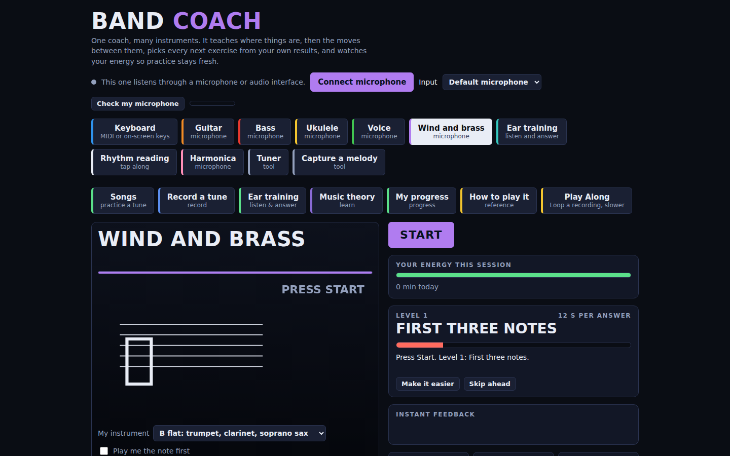 The wind and brass trainer, mid-lesson: a hand-drawn staff, an instrument-family picker set to B flat trumpet/clarinet/soprano sax, and a Play me the note first checkbox